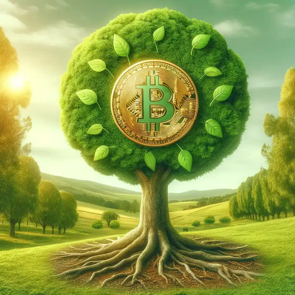 eco-friendly bitcoin tree with gold bitcoin growing out