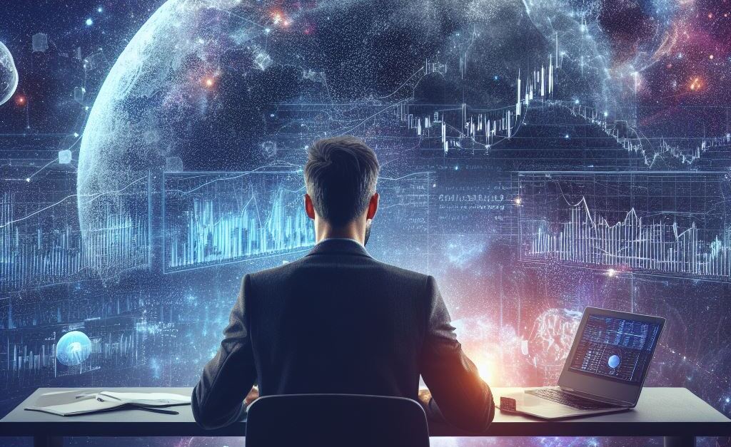 crypto analyst watching price charts, galactic artist's impression