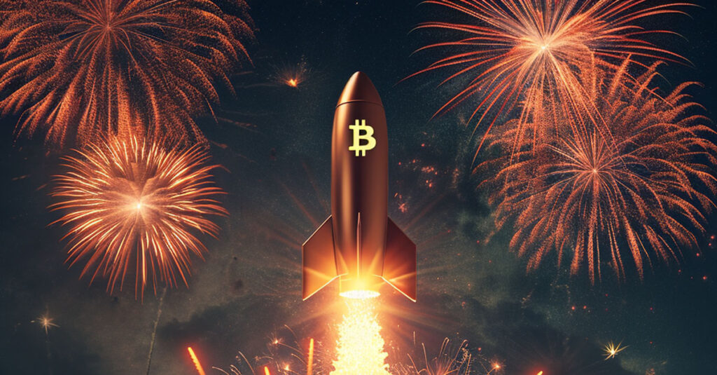 Bitcoin rocket liftoff among fireworks