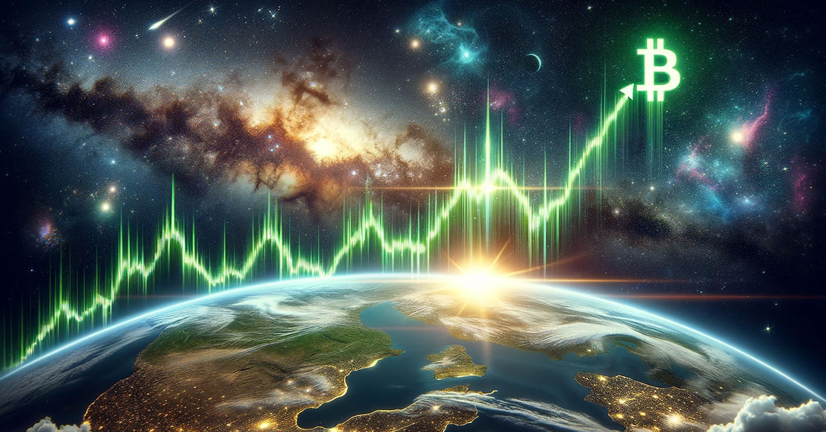 Bitcoin charts surging upwards into space, set against a backdrop of a starry night sky and the Earth below.