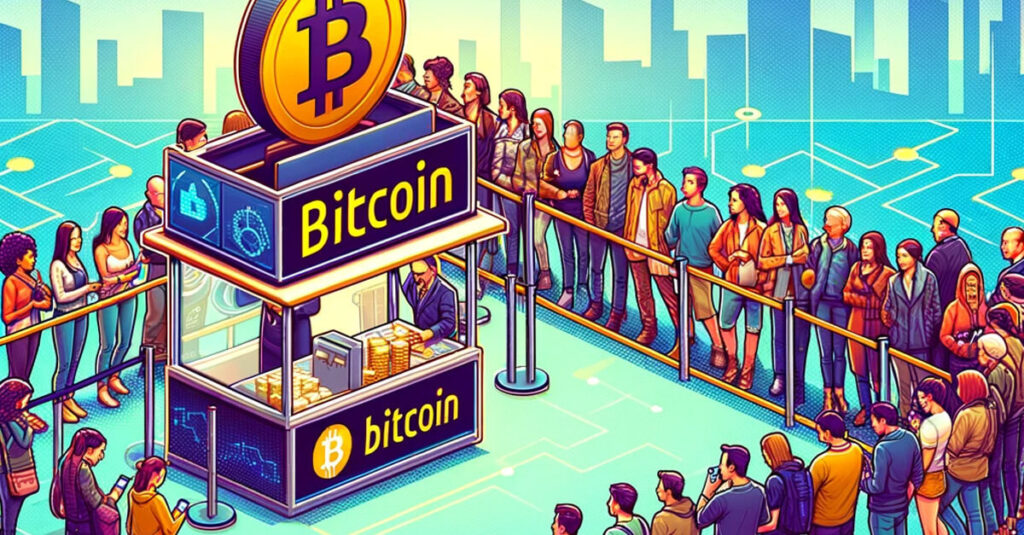 people queue to buy bitcoin from bitcoin stall
