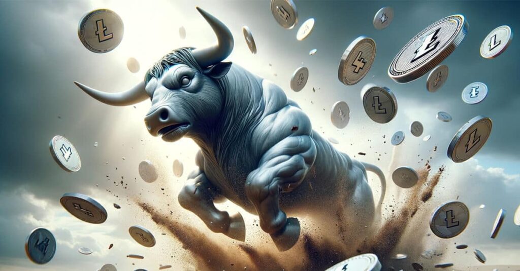 LTC Litecoins falling from the sky onto a giant Litecoin bull bursting out of the ground.