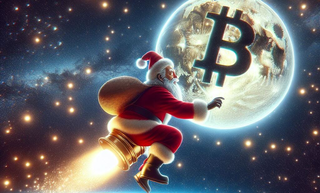 santa riding rocket to the moon with bitcoin logo