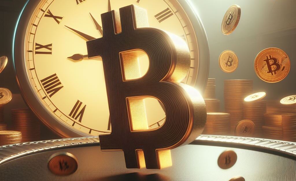 Bitcoin boncing on trampoline in front of clock face