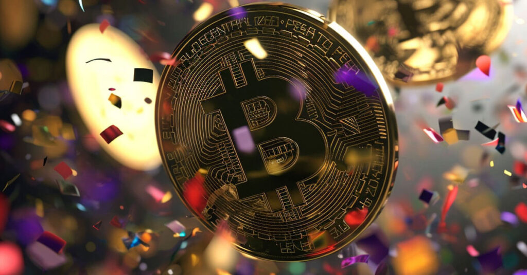confetti flys around gold bitcoin