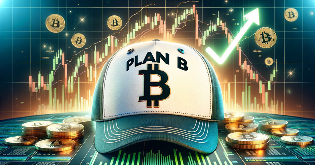 Plan B baseball cap against a backdrop of bullish Bitcoin price charts, capturing the essence of financial optimism and growth in cryptocurrency.