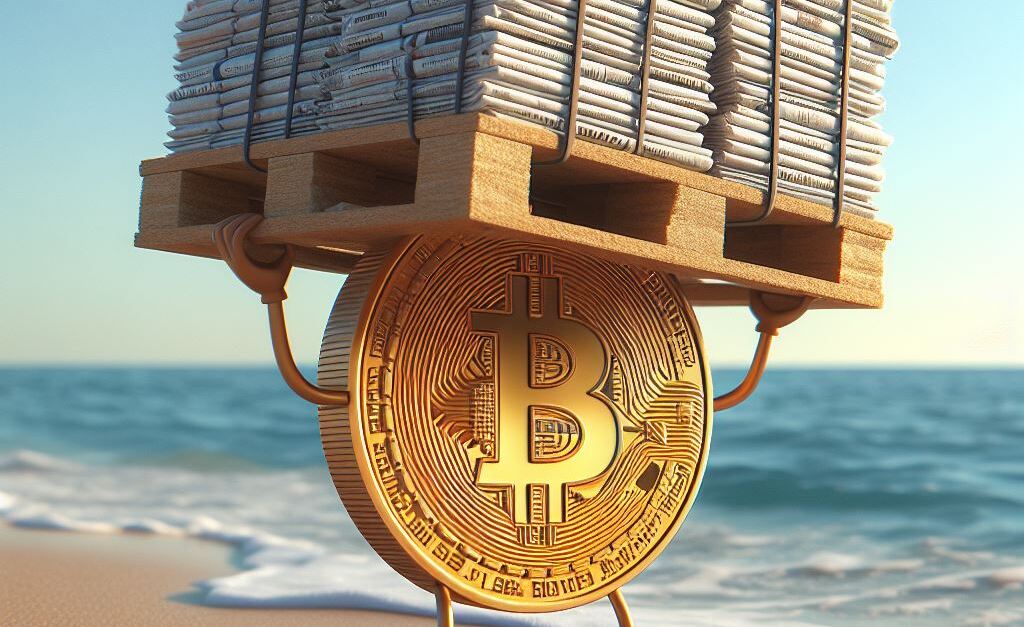 bitcoin soportando periodicos en la playa