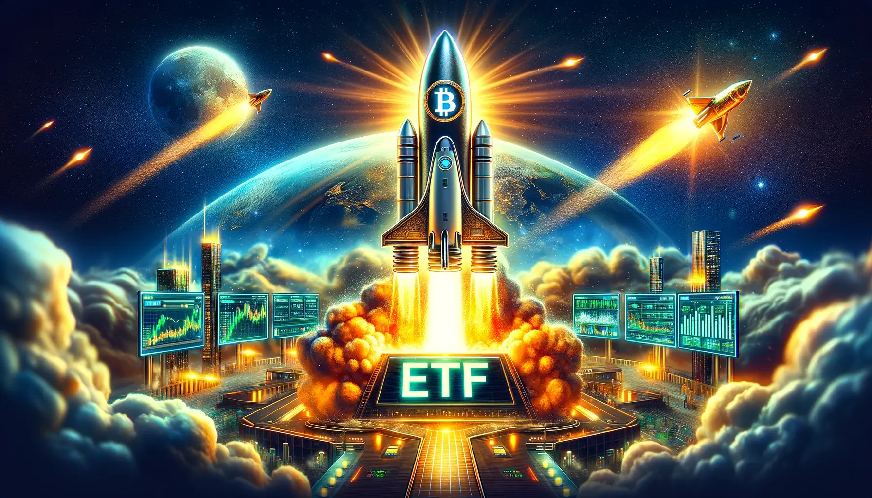 Bitcoin rocket blasting off from an "ETF" base