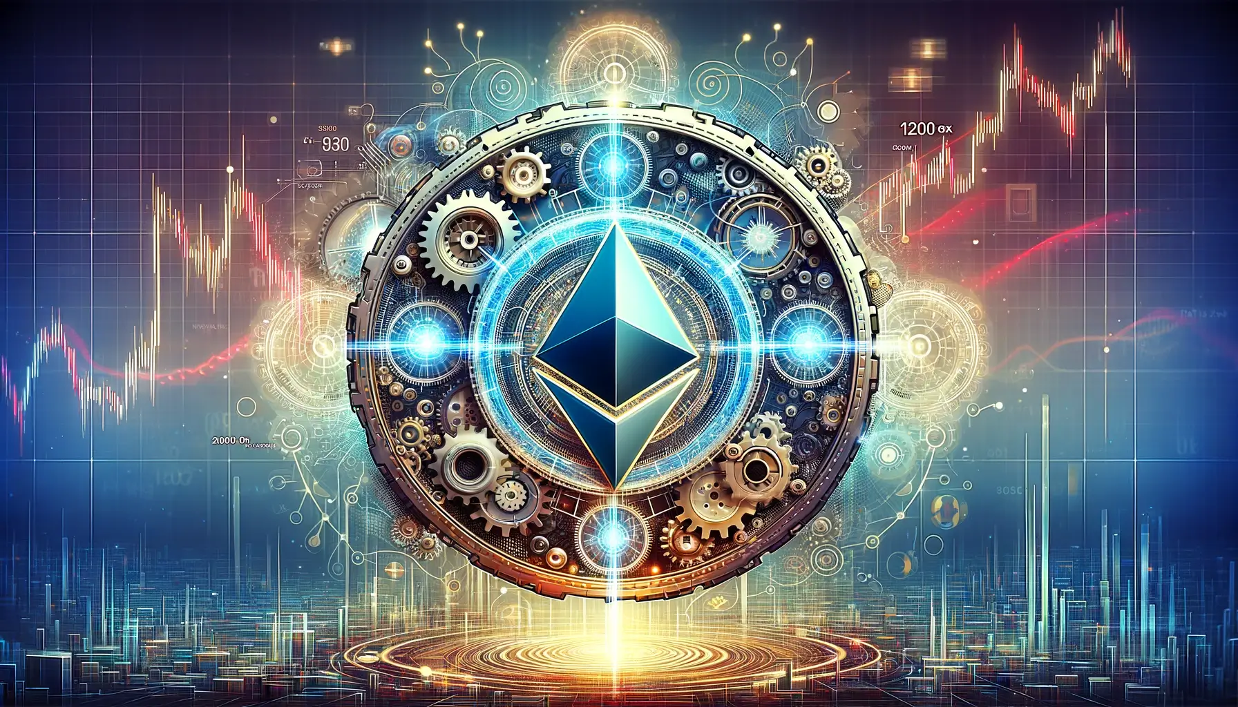 A digital illustration of the Ethereum logo integrated with elements representing upgrade and innovation, such as gears or digital networks.