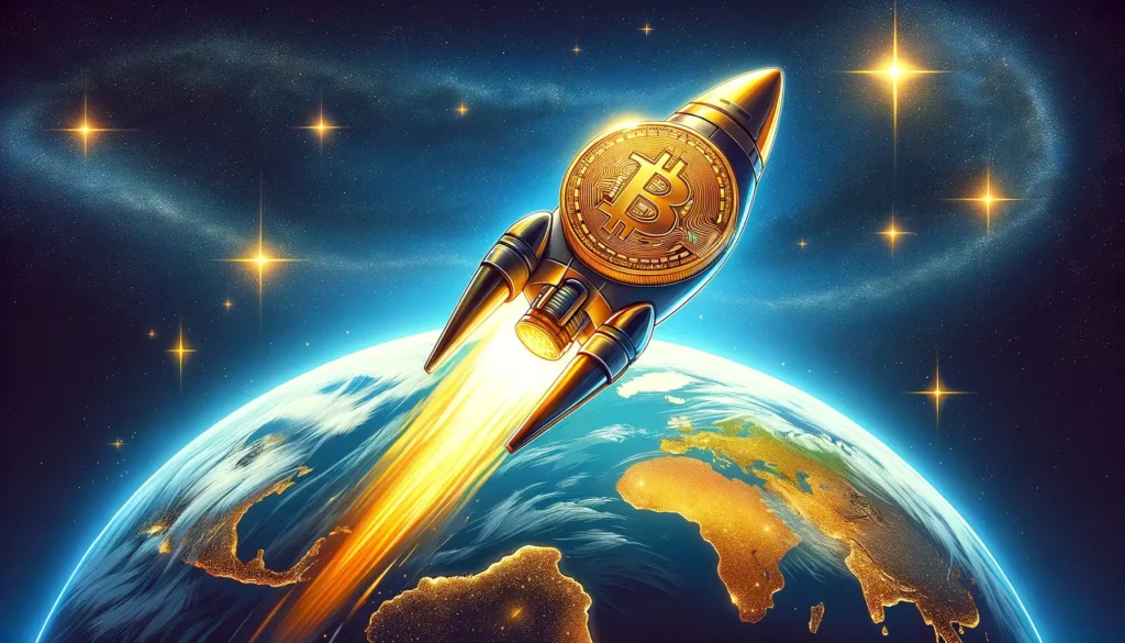 a golden Bitcoin-symbol being carried to outer space by a rocket