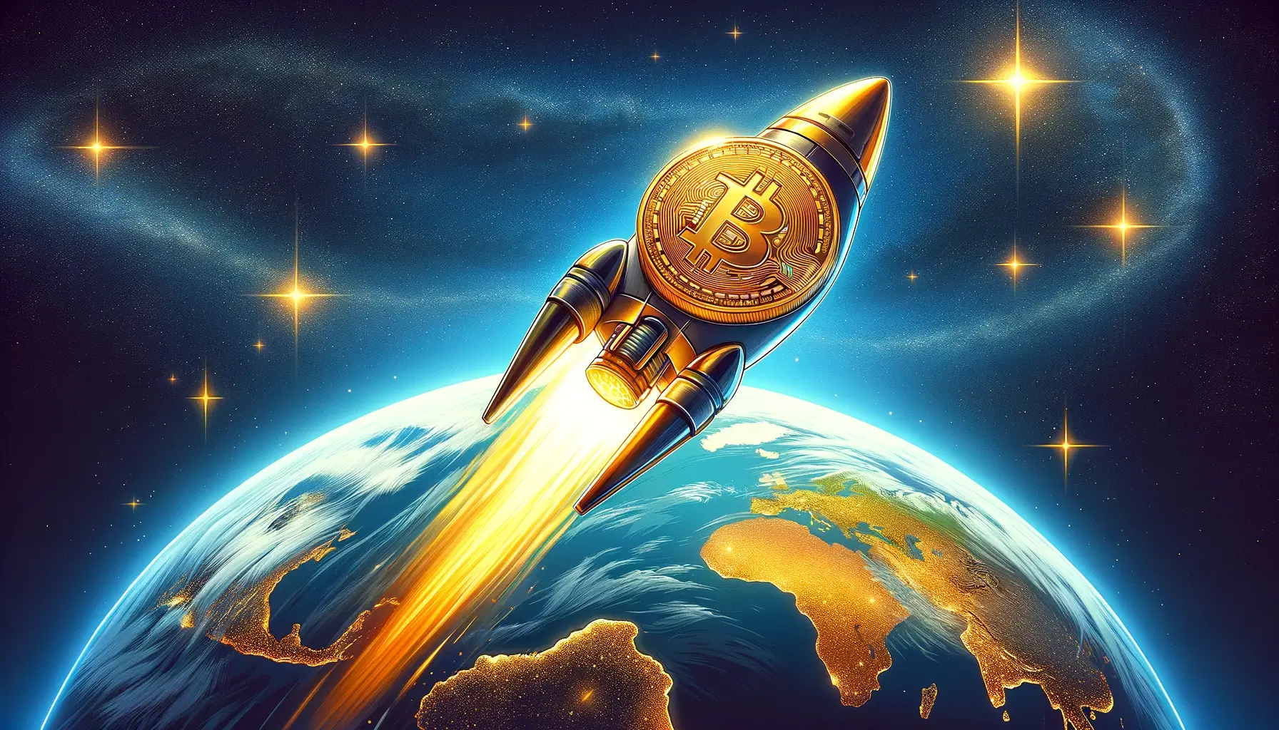 un símbolo dorado de Bitcoin transportado al espacio exterior por un cohete