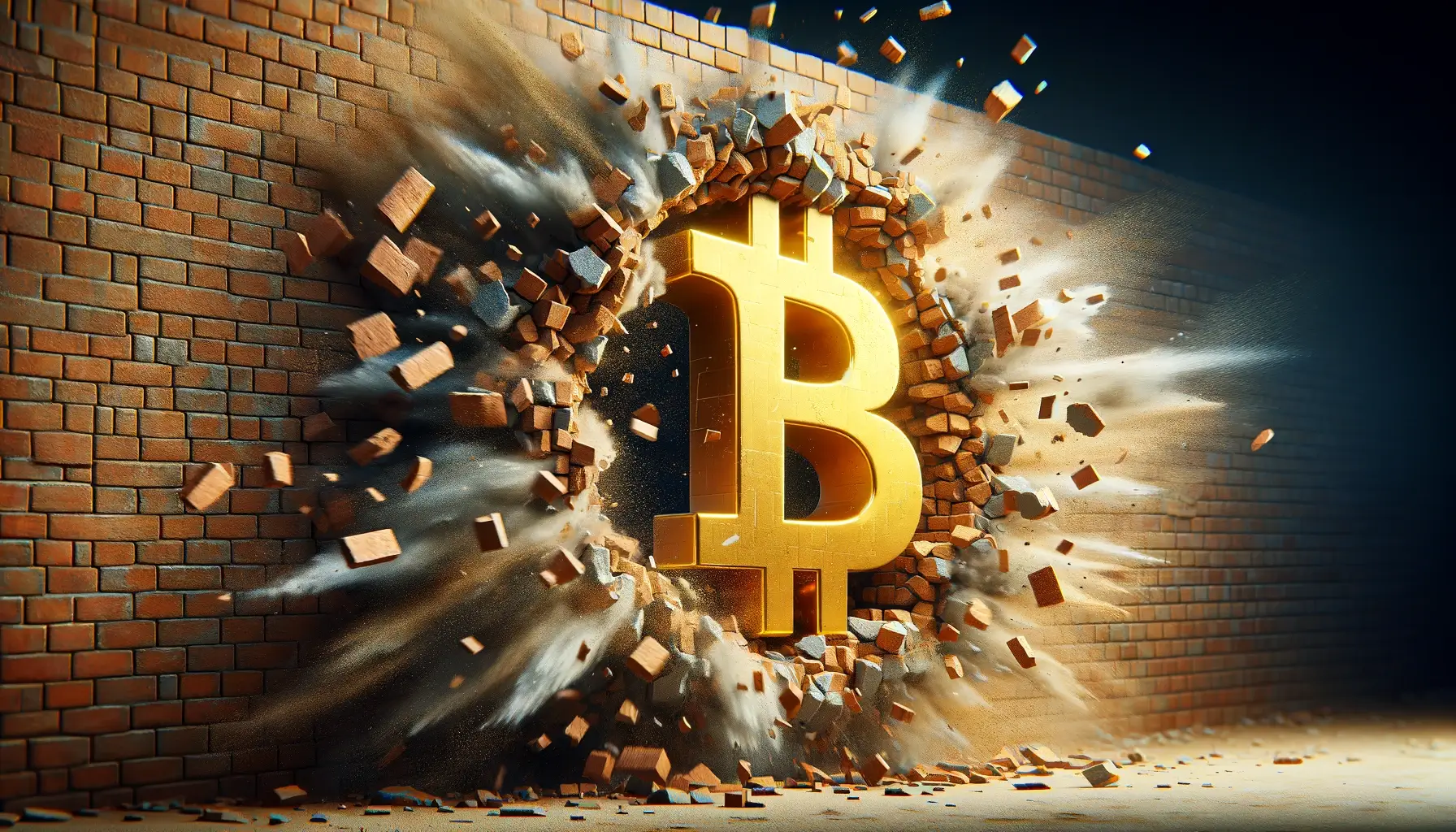 El símbolo dorado de Bitcoin atraviesa un muro de ladrillos