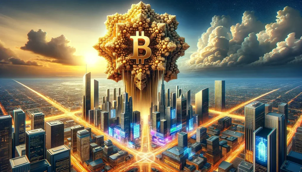 Una obra de arte digital con una enorme estructura fractal dorada que se eleva sobre un bullicioso paisaje financiero. En la cúspide de esta estructura se encuentra