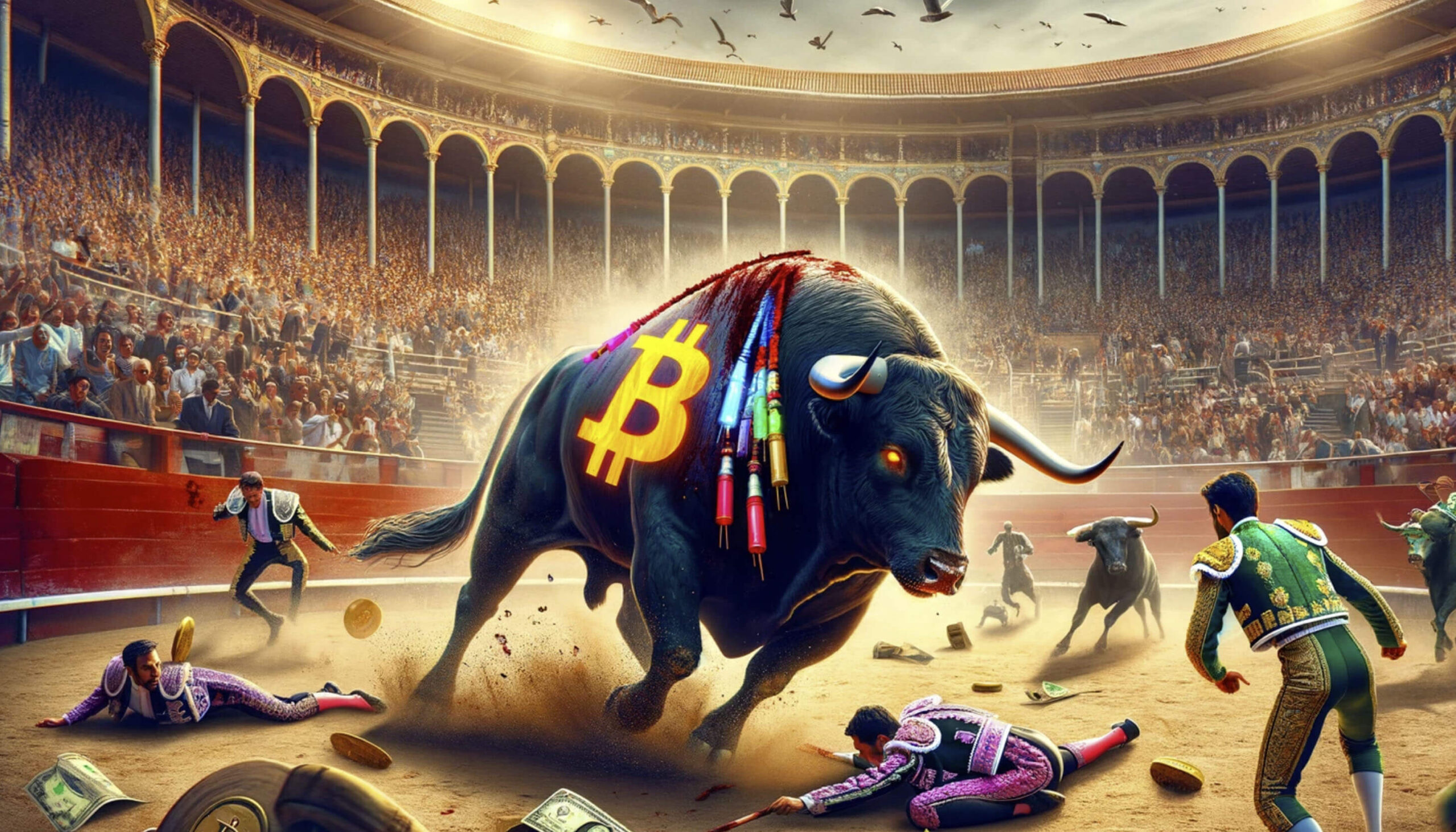 A traditional bullfight, where the bull with a Bitcoin symbol strong and unhurt is charging, Fallen matadors litter the floor in a stadium filled with cheering crowds, a few old dusty banknotes blow in the air.