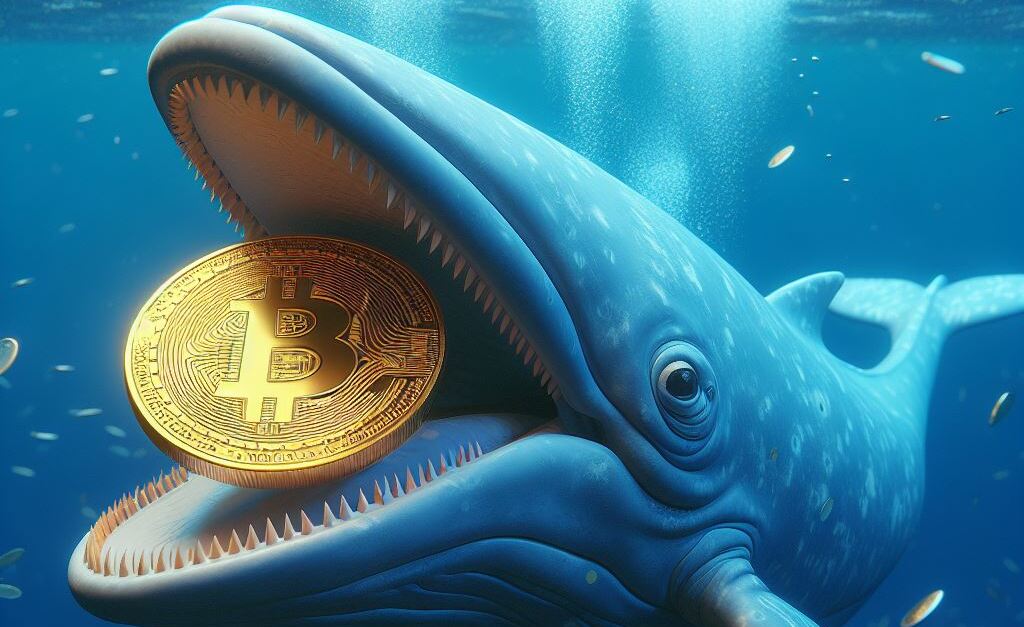 Whale in blue sea eats gold bitcoin