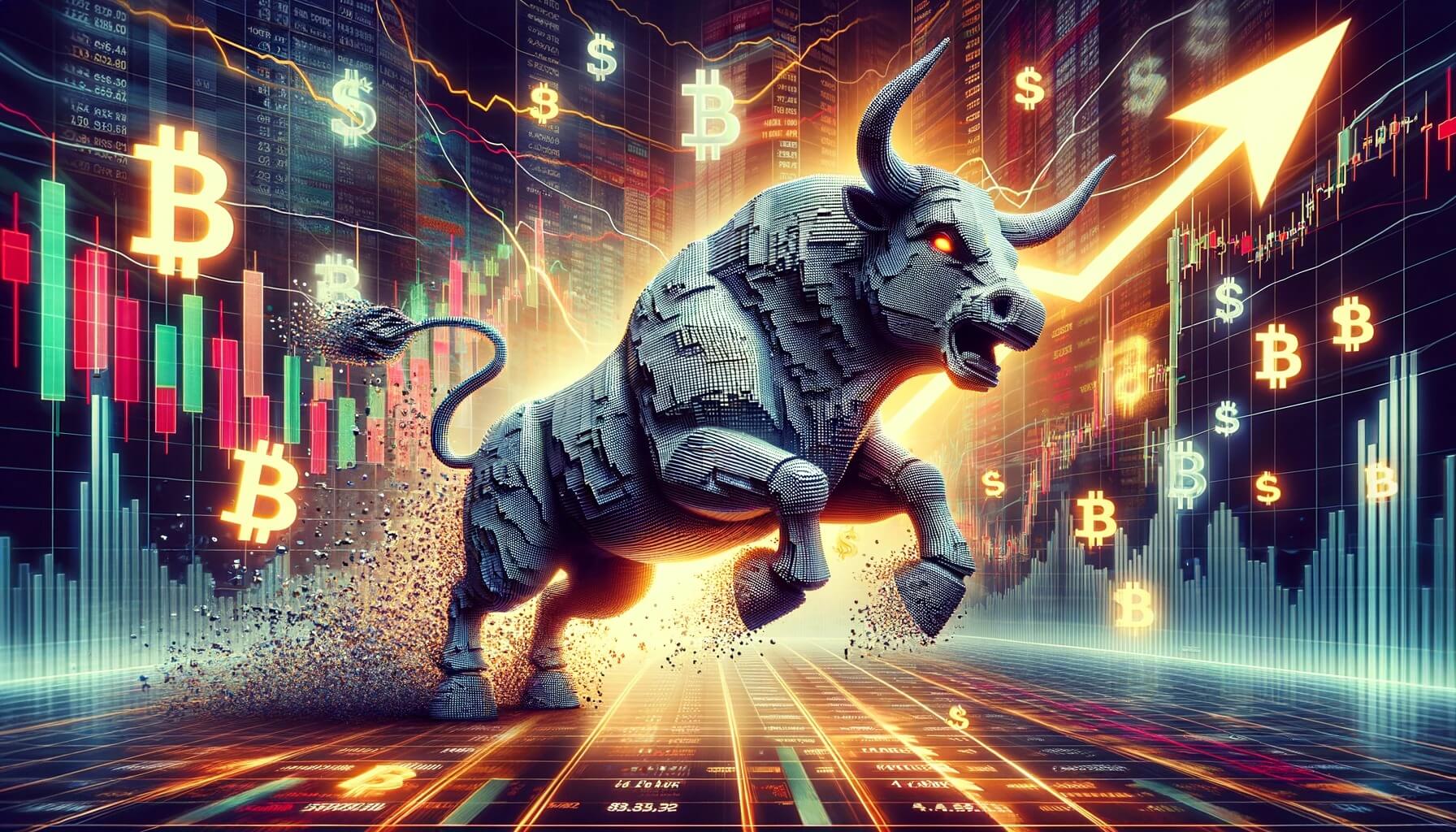 A raging bull made of pixelated Bitcoin symbols charging upwards through charts and graphs, leaving a trail of dollar signs in its wake.