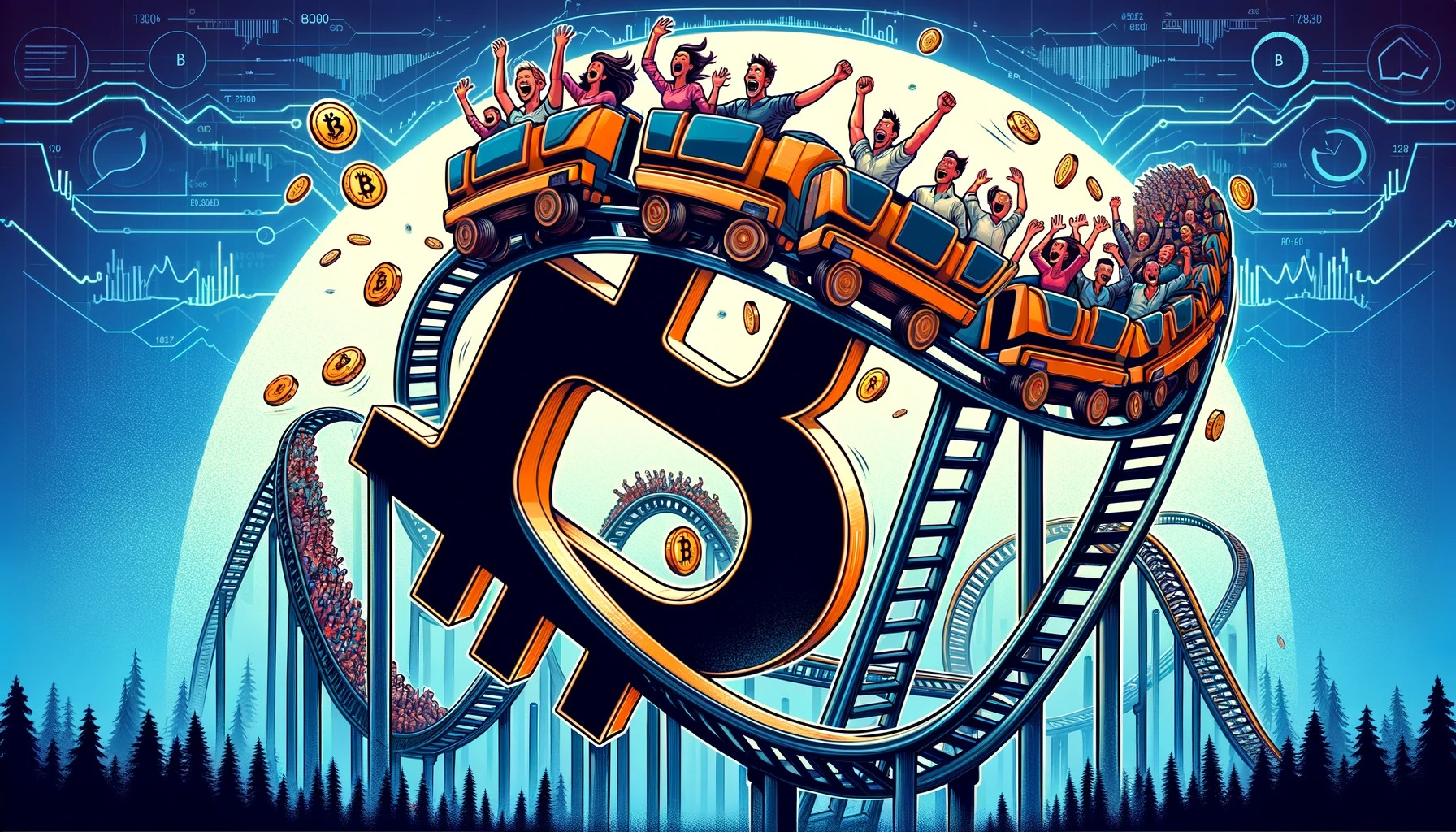 An illustration of a rollercoaster track shaped like the Bitcoin logo, with a cart full of investors holding onto their hats as they navigate the ups and downs, representing the volatility leading up to the halving event.