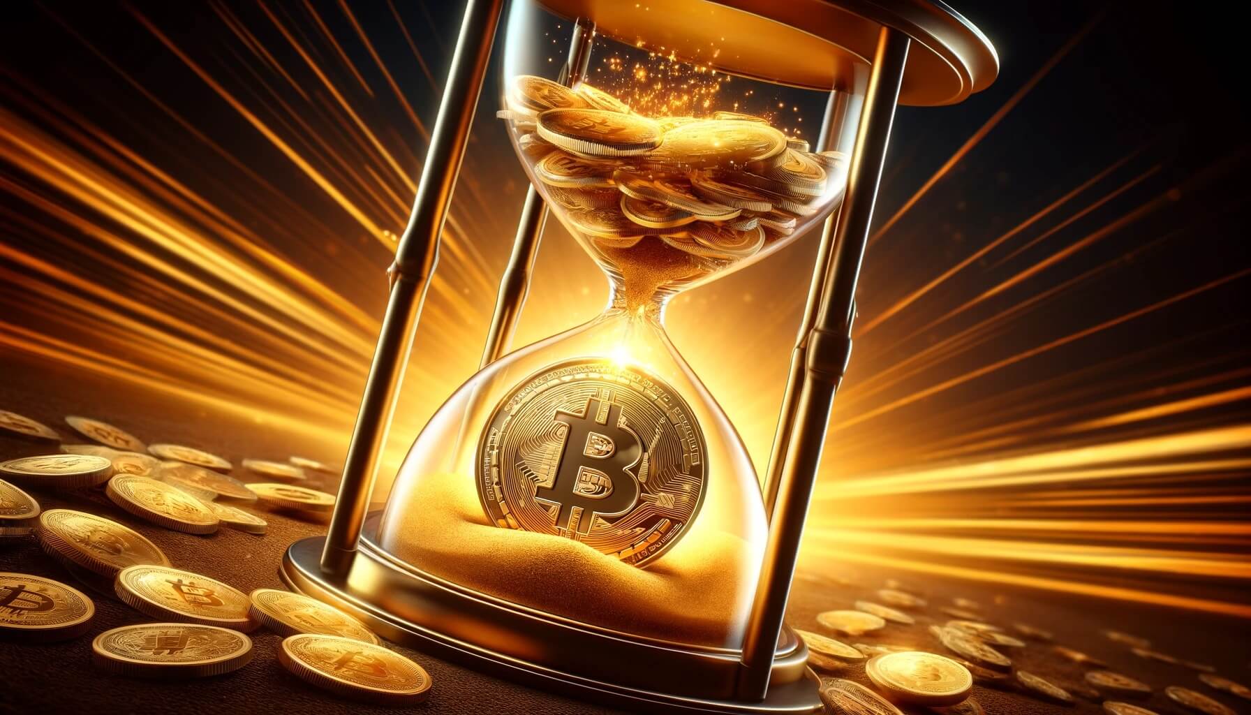 Bitcoin represented as a gleaming, golden coin embossed with the iconic Bitcoin symbol, passing through the narrow center of an hourglass