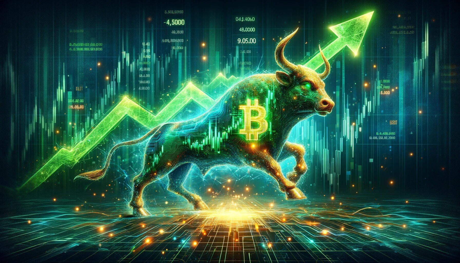 green btc bull on top of rising price charts