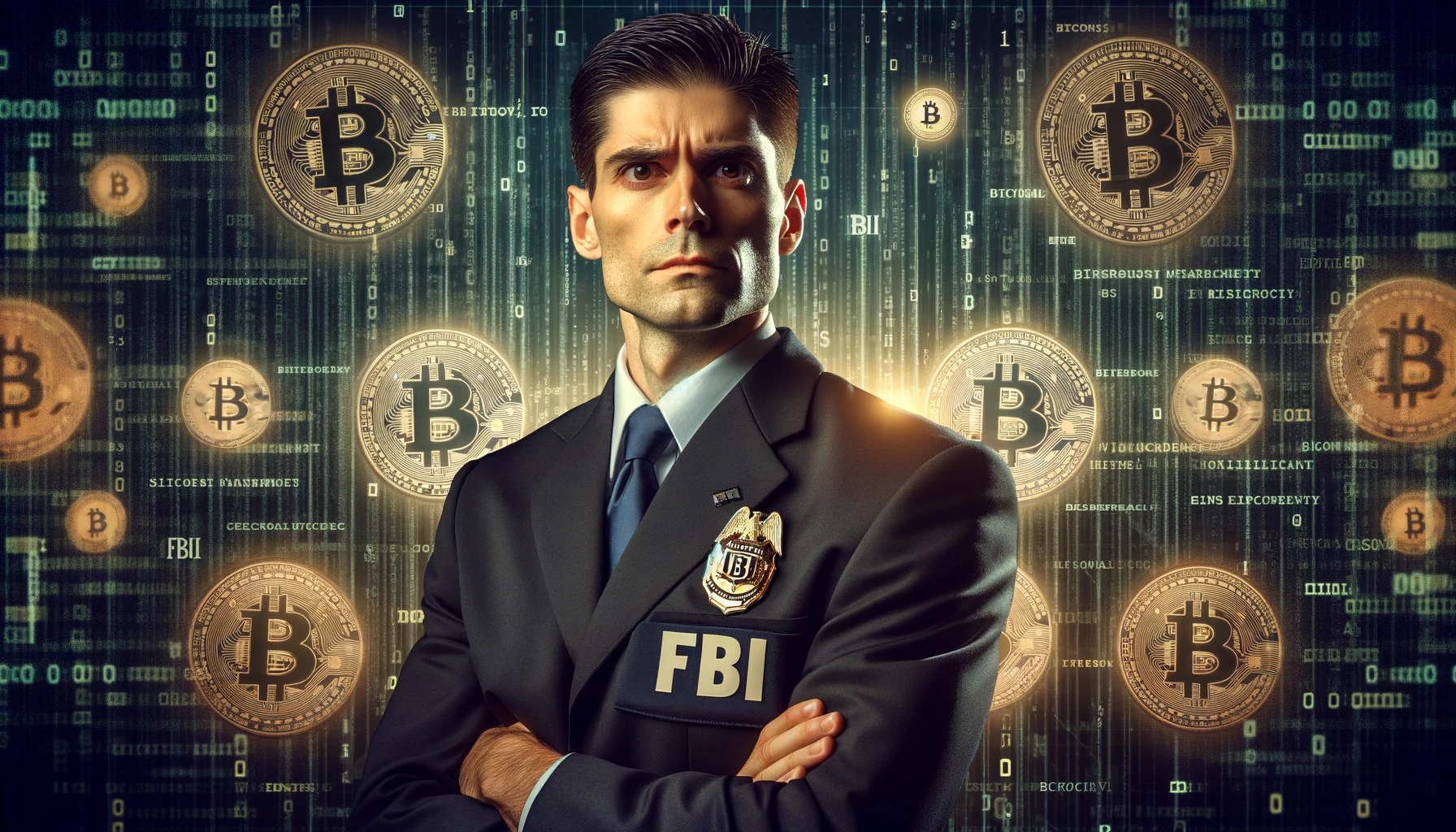 FBI serviceman looking directly at the camera, set against a backdrop of Bitcoin symbols