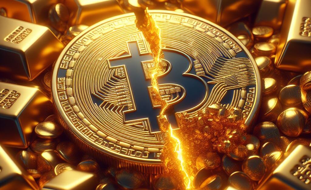 gold bitcoin during halving on a bed of gold bars