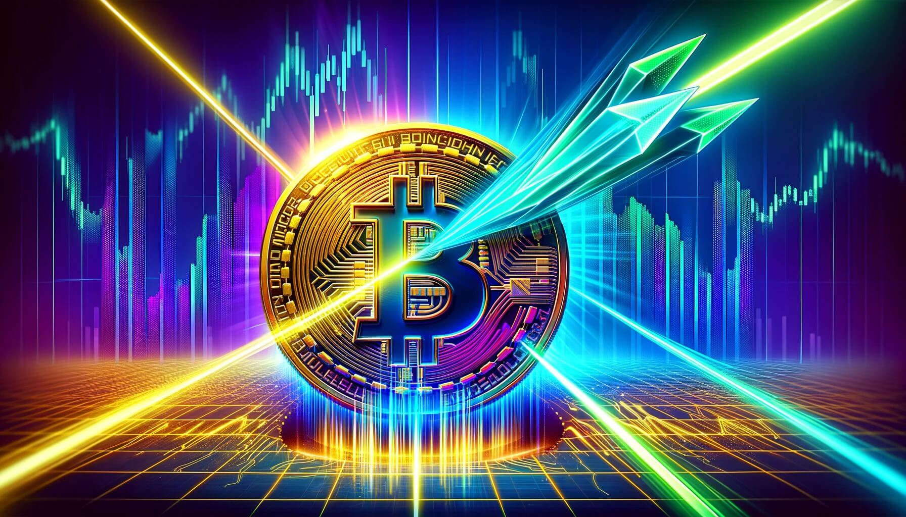 el emblema dorado de Bitcoin partido en dos con precisión por intensos rayos láser en tonos azul eléctrico y neón
