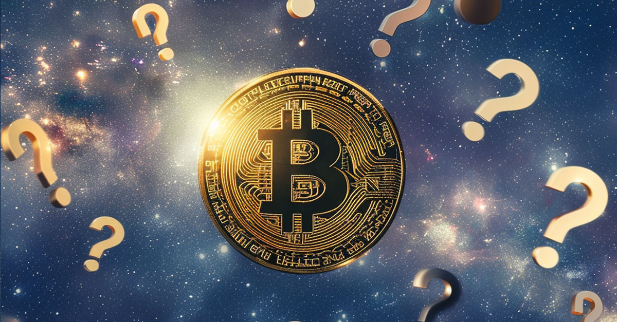 A beautiful golden bitcoin floating in space surrounded by floating question marks, beautiful dark blue background