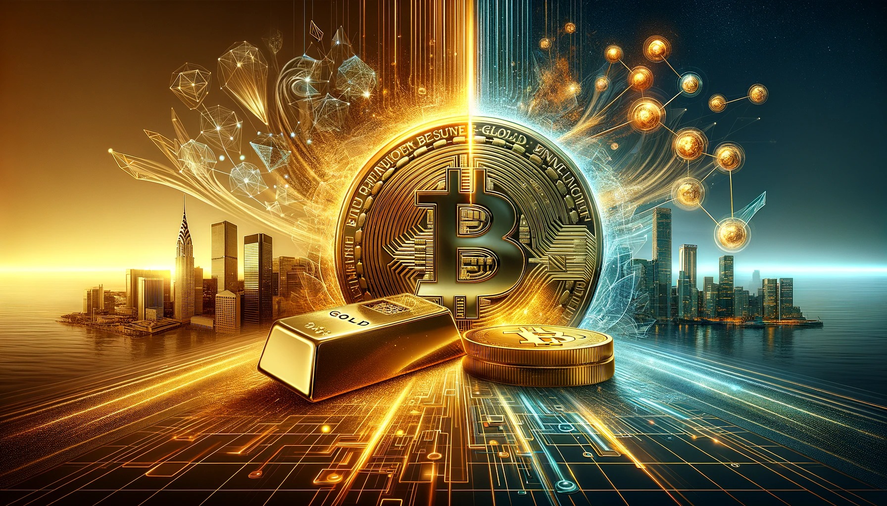 shimmering gold bar and a visually striking Bitcoin coin, designed with intricate digital patterns