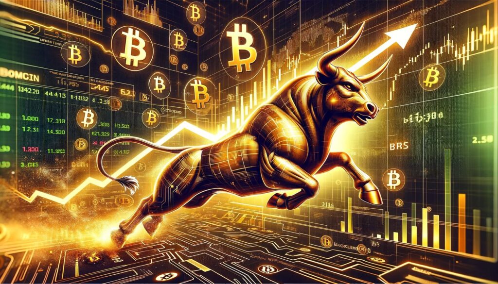 Gráfico del precio del Bitcoin con el gráfico alcanzando un nuevo máximo histórico, acompañado de toros estilizados en estampida hacia el espectador.