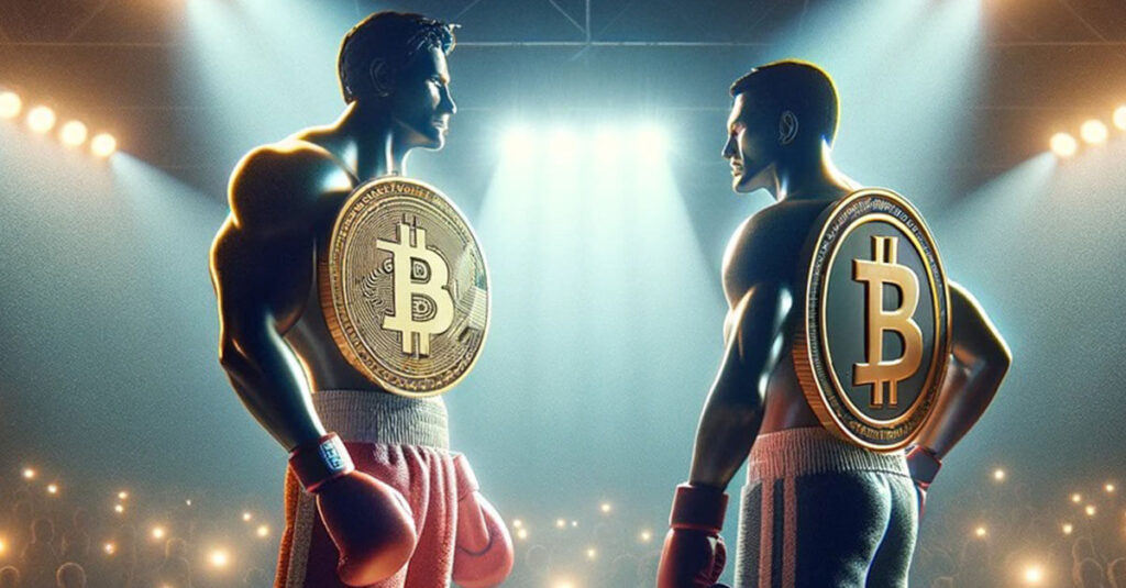 Boxers bearing bitcoin and bitcoin cash insignia square up in a boxing ring