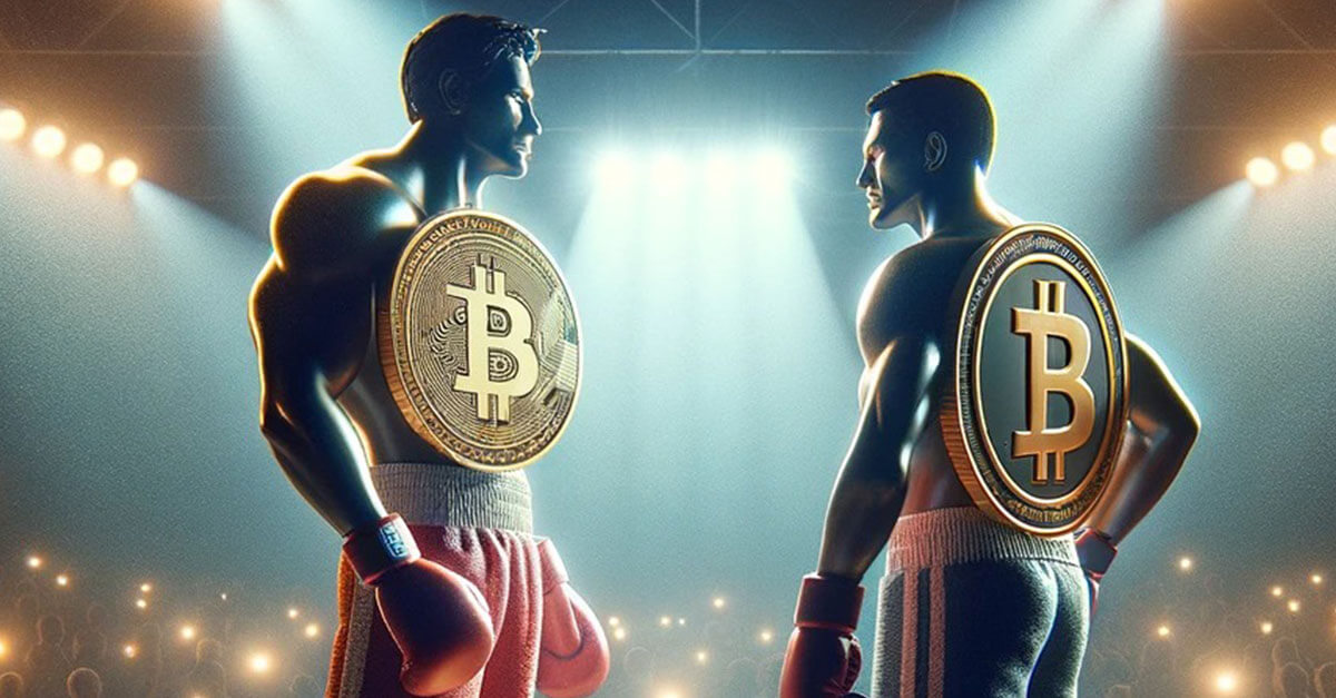 Boxers bearing bitcoin and bitcoin cash insignia square up in a boxing ring