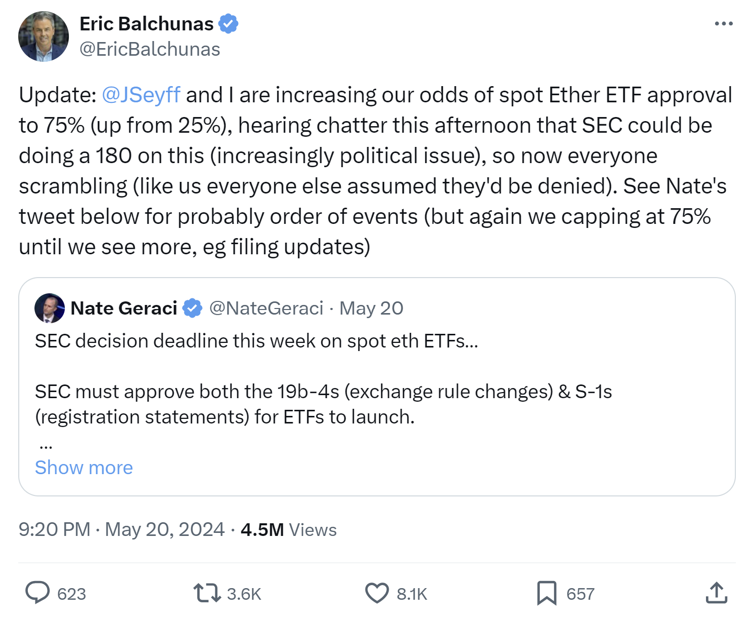 Tuit del analista de criptomonedas de Bloomberg Eric Balchunas