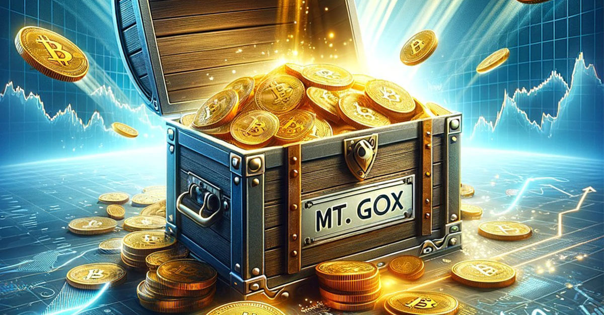 A large, ancient-looking treasure chest labeled "Mt. Gox" in the center, bursting open with glowing bitcoins spilling out