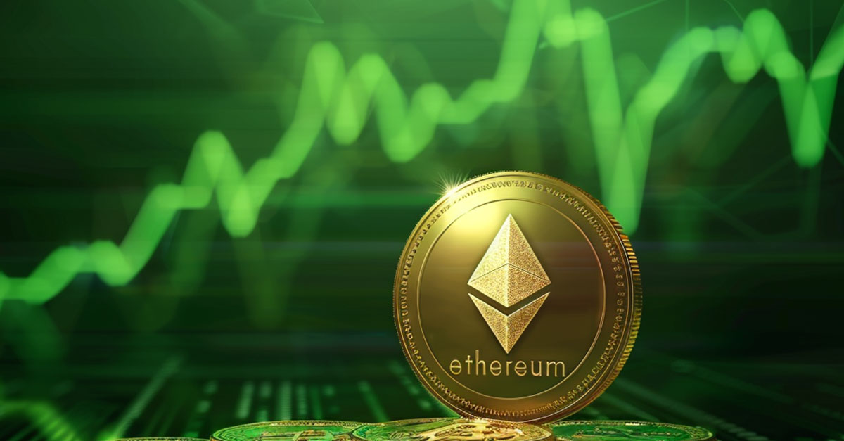 shining ethereum coin in front of green, price charts trending strongly upwards, stock artwork for crypto blog, professional