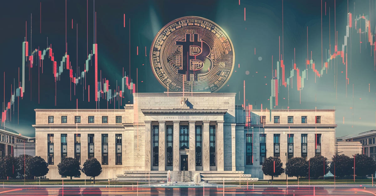 The Marriner S. Eccles Federal Reserve Board Building standing before an artistic background of falling Bitcoin charts