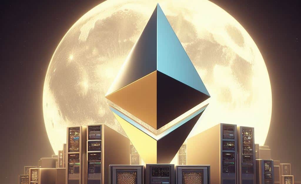 Ethereum icon over buildings with moon behind it