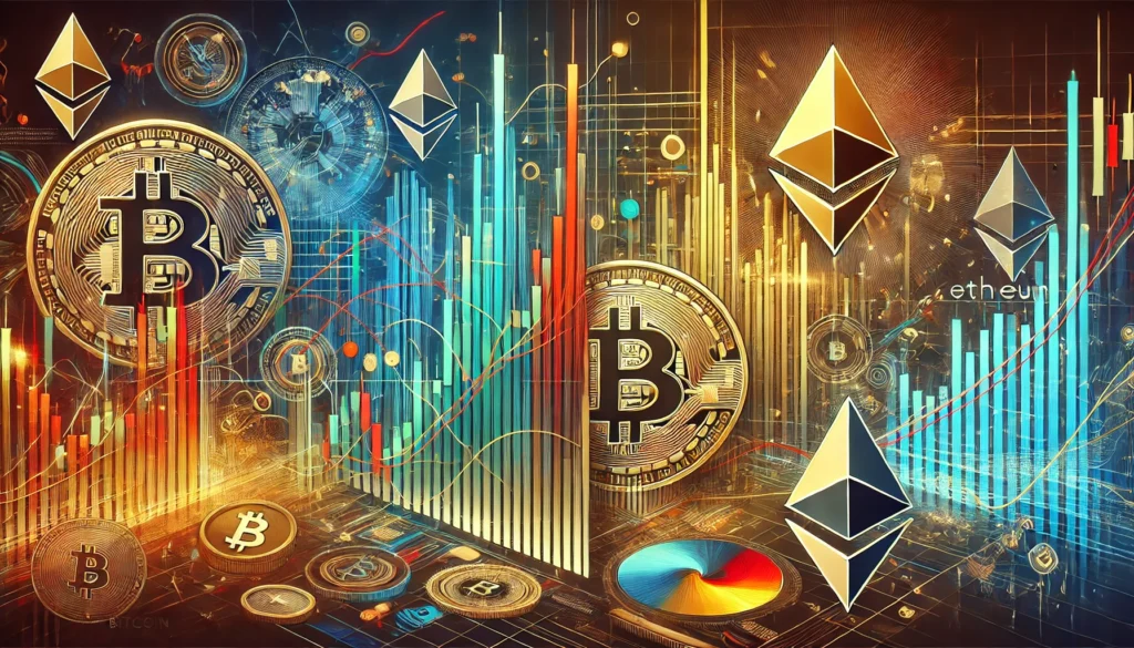 A-visually-dynamic-image-representing-the-current-state-of-Bitcoin-BTC-and-Ethereum-ETH-markets.-Include-abstract-visuals-of-candlestick-charts