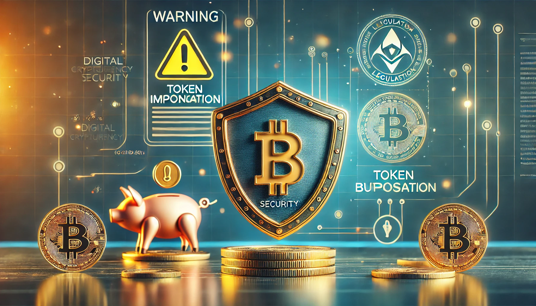 ai generated image of bitcoin in a shield with a pig on the side and warning signs