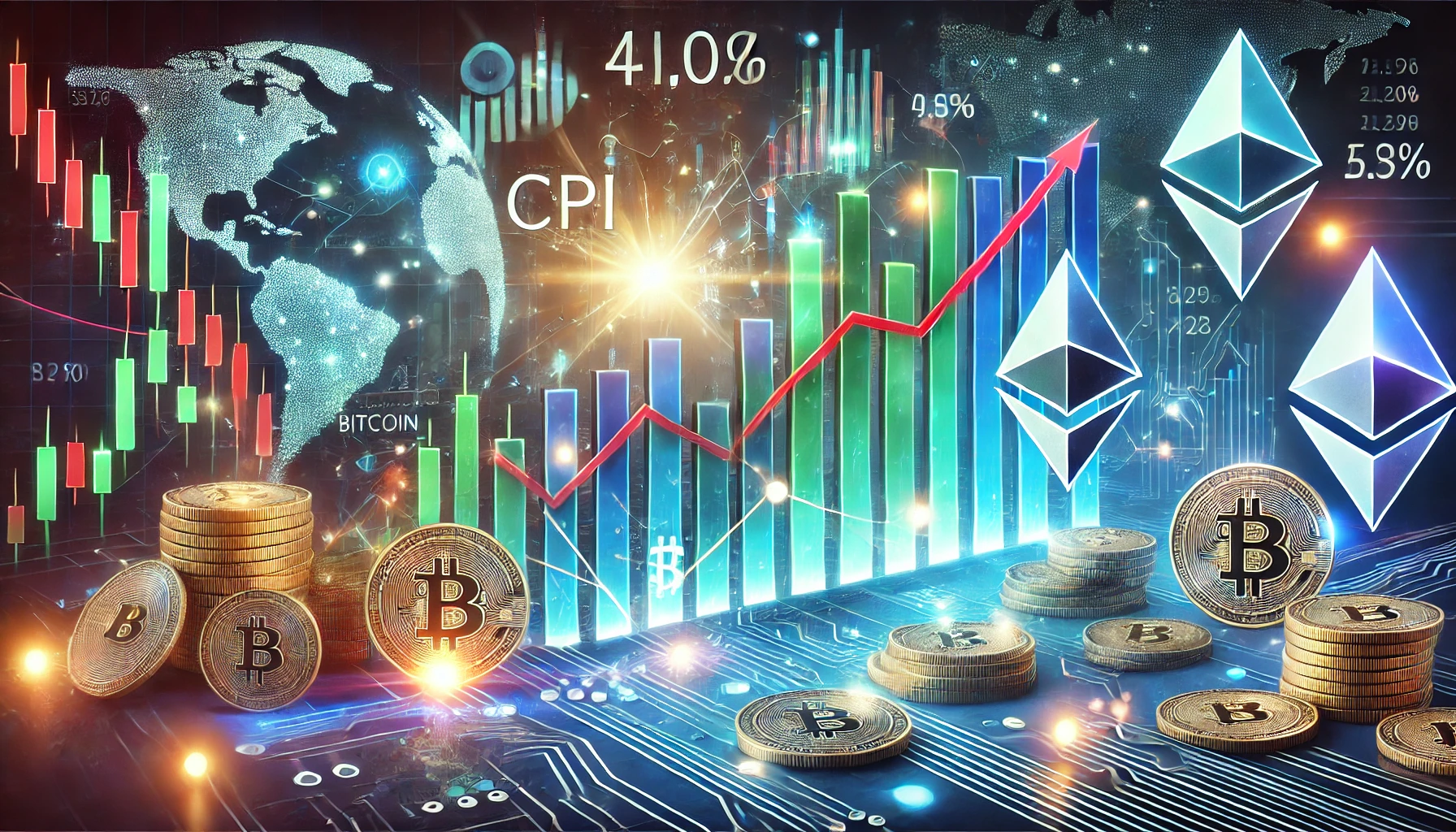 CPI graph increasing in value with bitcoin and ethereum icons floating in front of it with the globe on the side