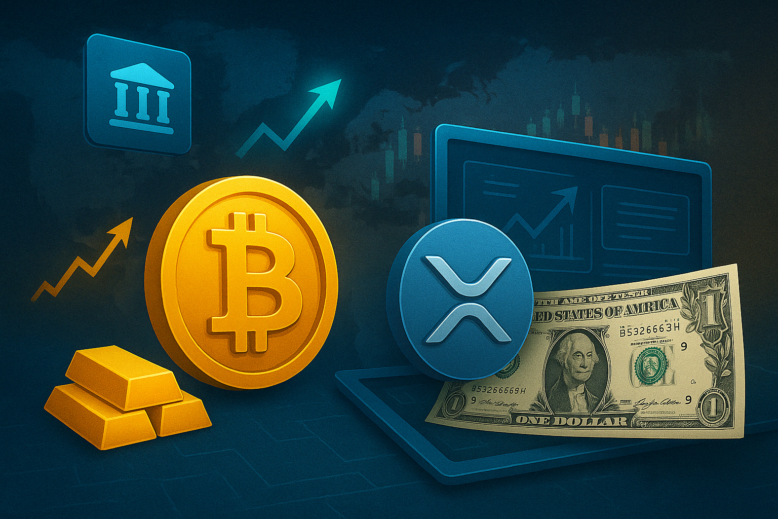 Bitcoin and xrp icons with us dollar graph plummeting