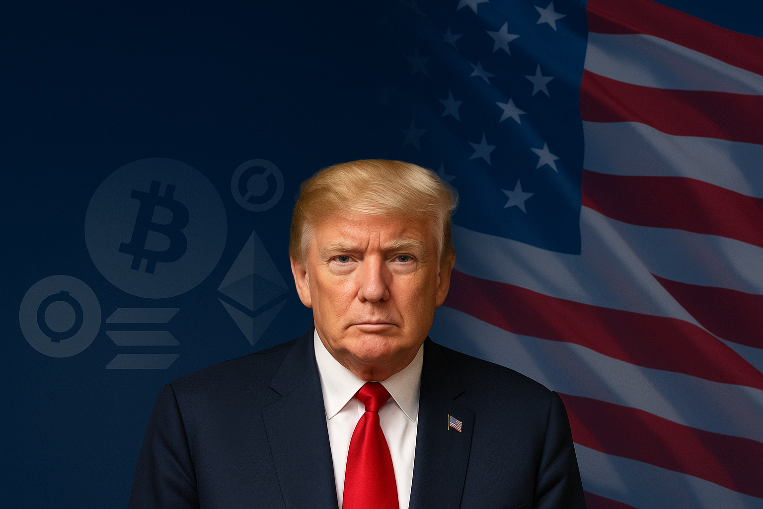 a photo of donald trump us president infront of the American flag and bitcoin coin