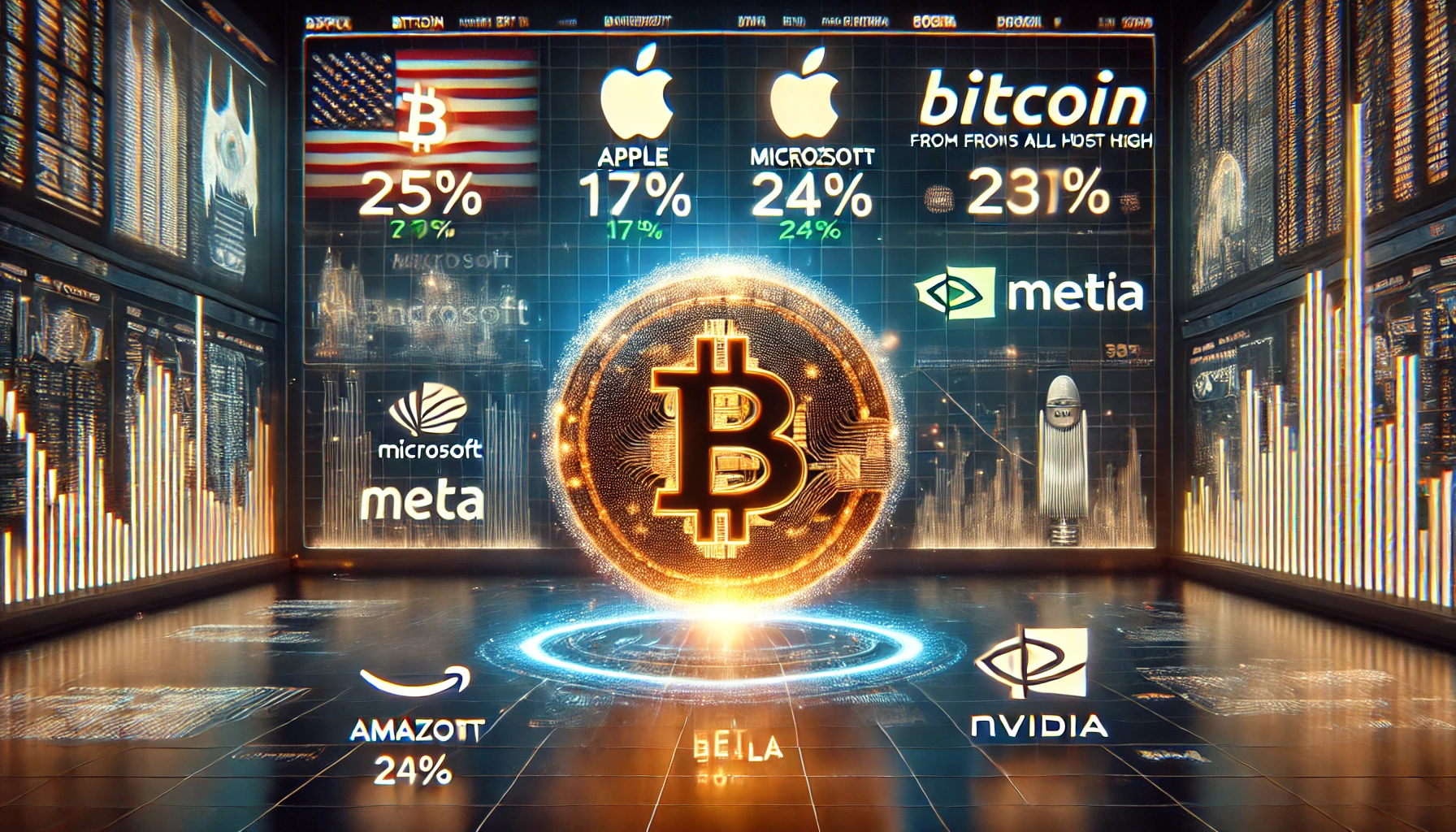 Apple stocks, meta and amazon stocks illustrated around bitcoin coin in the centre