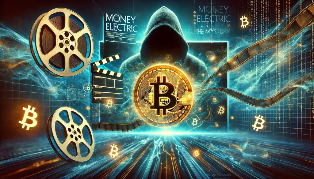 an illustration of a figure wearing a hoodie with bitcoin in the middle and film reels on the side
