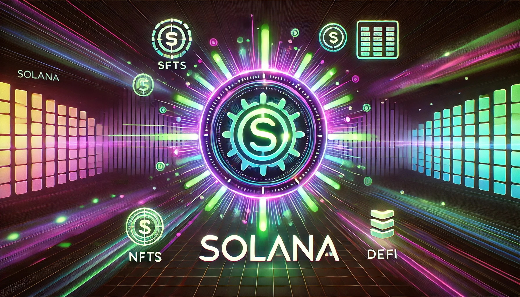 a graphic illustration of solana coin surrounded by defi and nft s images set on a purple and black background