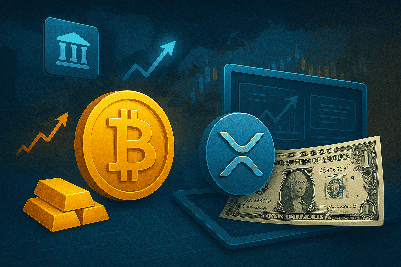Bitcoin and xrp icons with us dollar graph plummeting