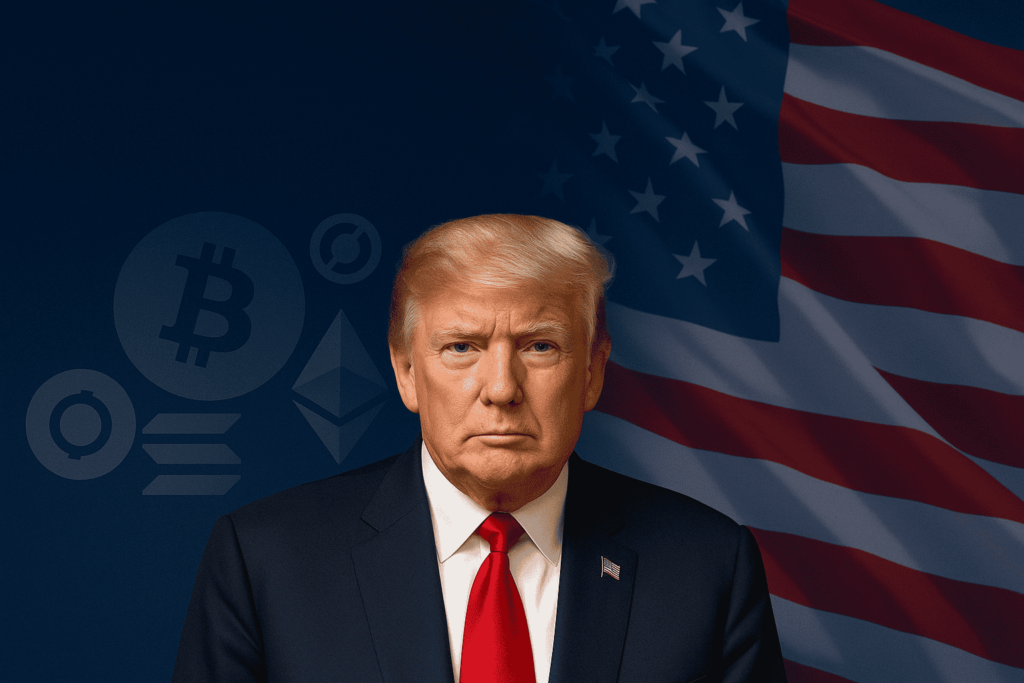 a photo of donald trump us president infront of the American flag and bitcoin coin
