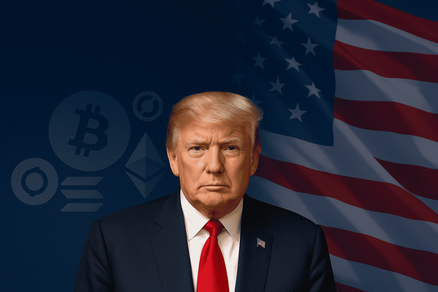 a photo of donald trump us president infront of the American flag and bitcoin coin