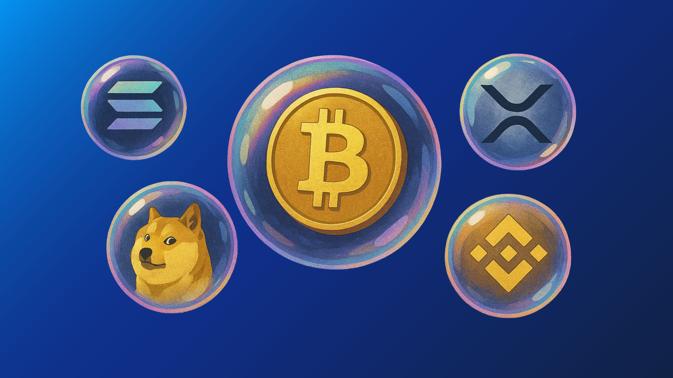 logos of bitcoin, solana, xrp and dogecoin floating in a bubble on a navy blue background.