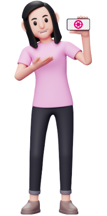 Woman holding phone with polkadot logo