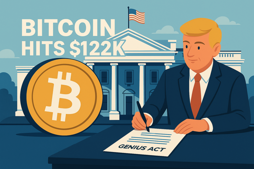 illustration of genius act being signed with the backdrop of white house and bitcoin reaching $122k